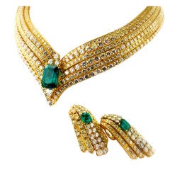 CARTIER DIamond Emerald Gold Necklace and Earclips