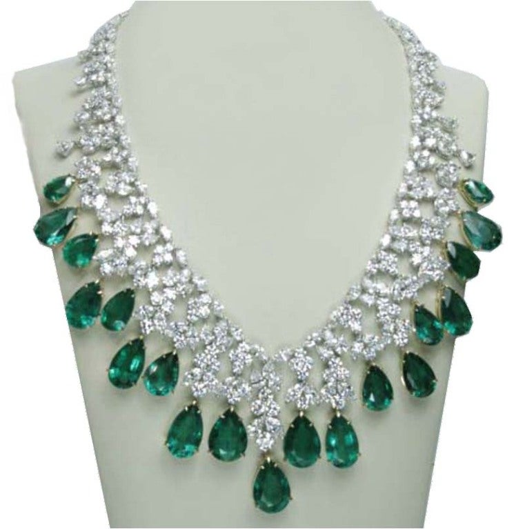 Magnificent Platinum Diamond Emerald Necklace. The weight of the diamond is 102.80 carats F color and VVS clarity.The weight of the emerald is 123.8 carats.