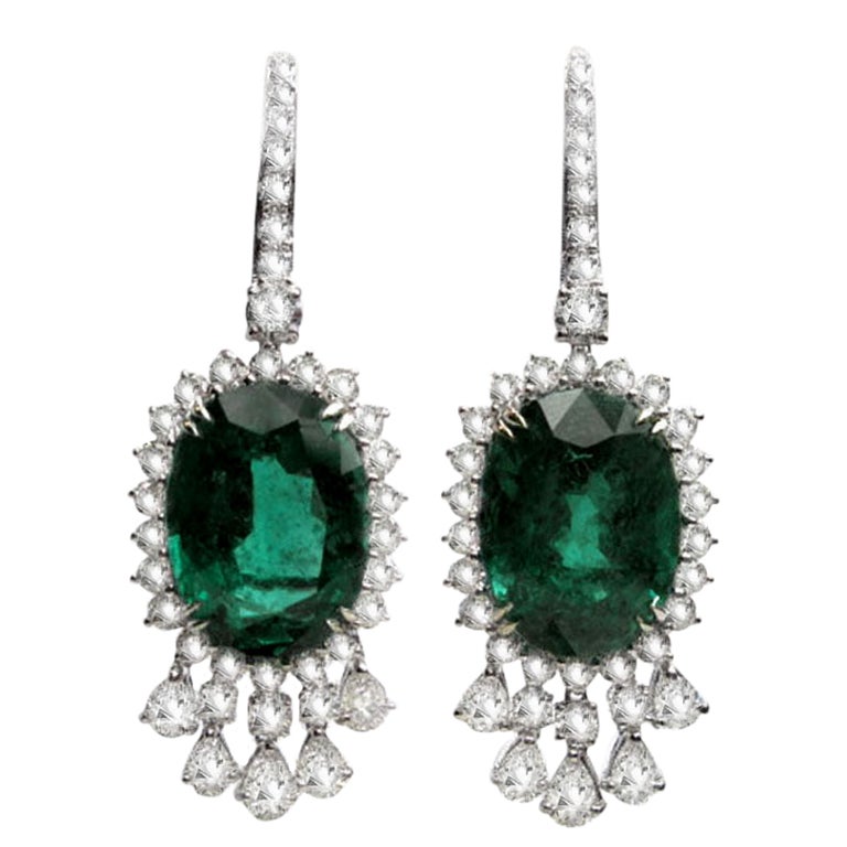 Platinum Diamond Emerald Earrings For Sale