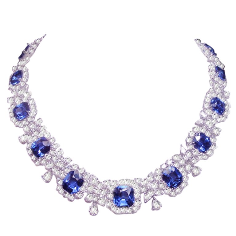 Magnificent Platinum Diamond Sapphire Necklace For Sale
