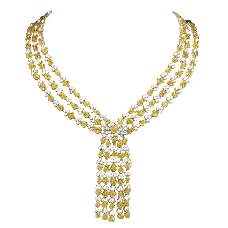 Elegant Platinum White and Yellow Diamond Necklace For Sale