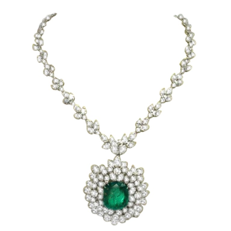 Platinum Diamond Emerald Necklace For Sale