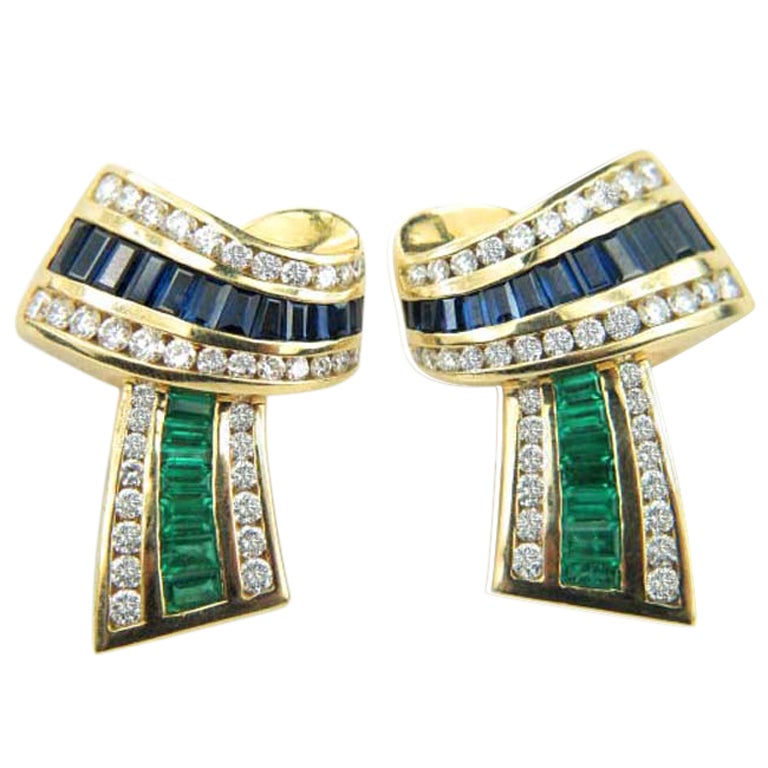 KRYPELL Gold Diamond Emerald and Sapphire earrings For Sale