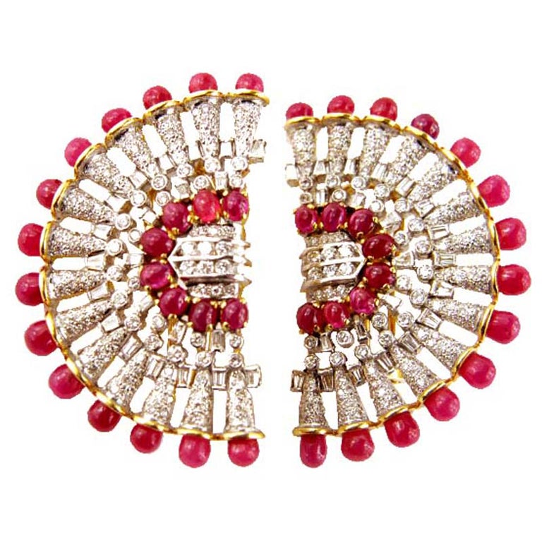 Yellow Gold Diamond Ruby earrings For Sale