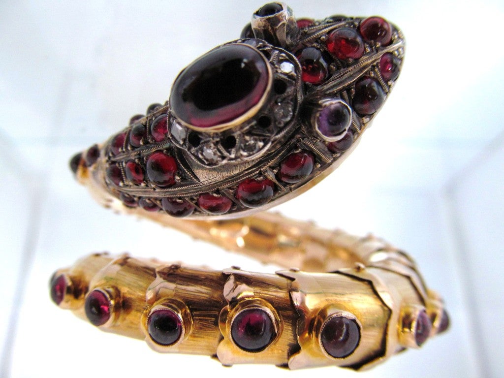 Garnet Cabochon Gold Snake Wrap Bracelet