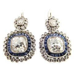 Rare Pair of Cushion Cut Diamond, Sapphires & Platinum Earrings