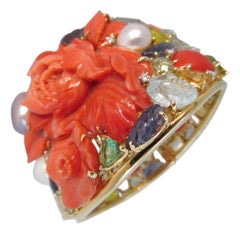 Excuisite Large Coral, Gold and Multi Color Stone Bracelet