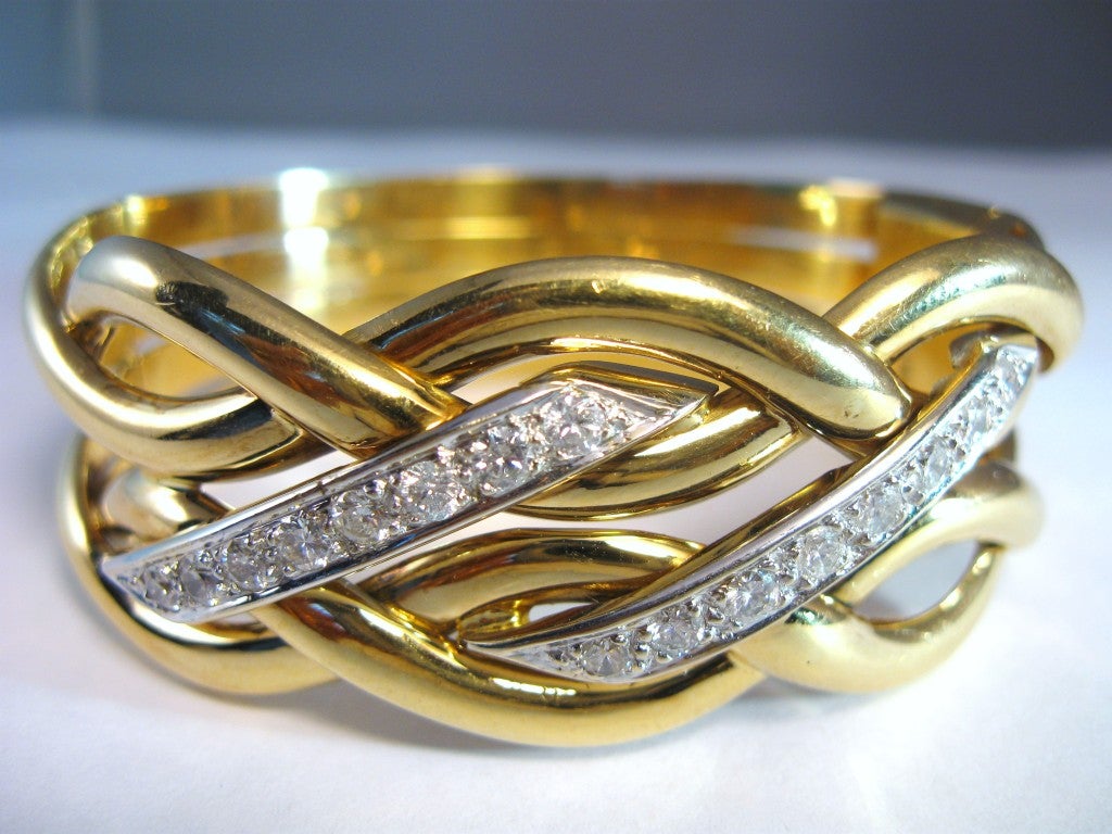 Large Italian Diamond Woven Gold Cuff / Bracelet