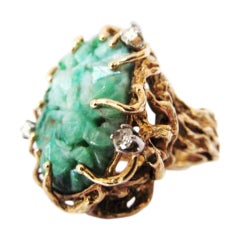 Retro Bold Biomorphic Gold and Jade Cluster Ring