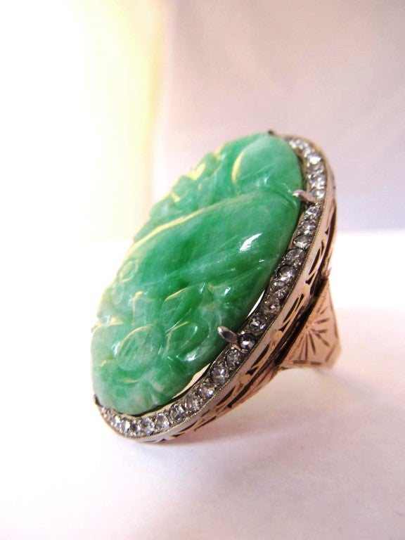 Rare Large Antique Jade and Diamond Ring