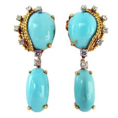 Superb Natural Turquoise,  Gold & Diamond Drop Earrings
