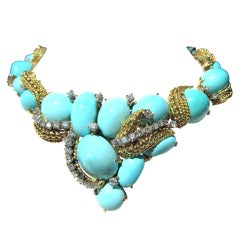 Important Natural Turquoise, Diamond and Gold Necklace
