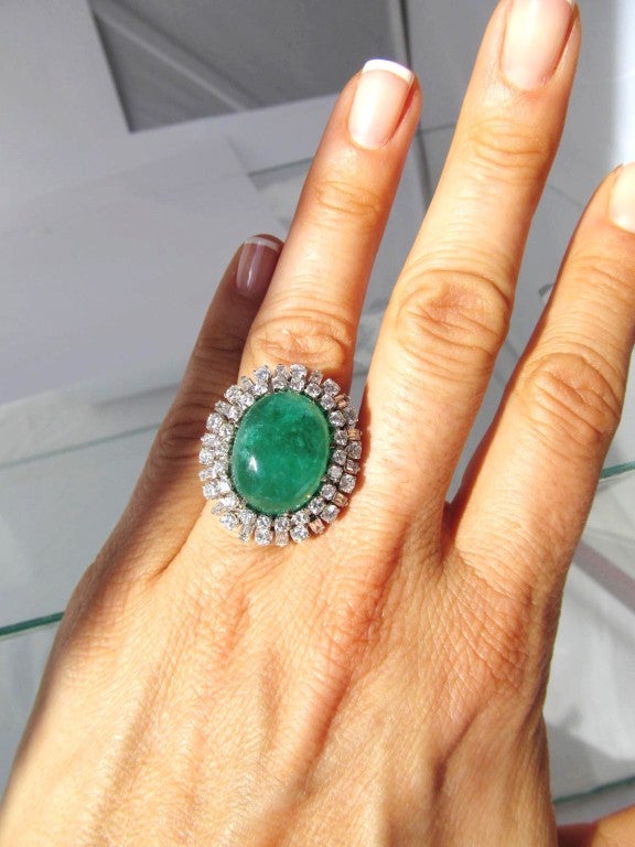 Superb Large Emerald and Diamond Cocktail Ring In Excellent Condition In Coral Gables, FL
