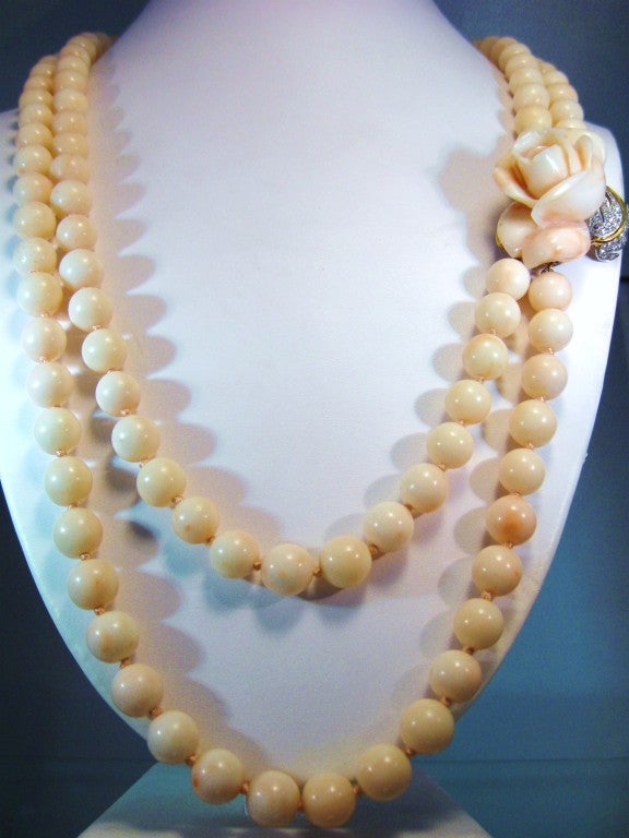 Elegant 40's Coral Double strand Necklace w/ superb Rose Clasp