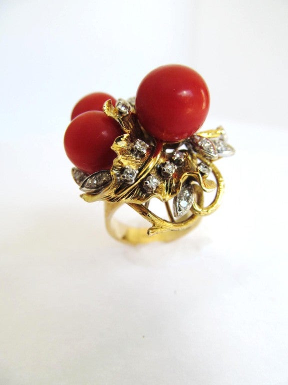 Superb Gold, Coral and Diamond Cocktail Ring