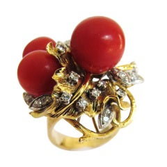 Vintage Superb Gold, Coral and Diamond Cocktail Ring