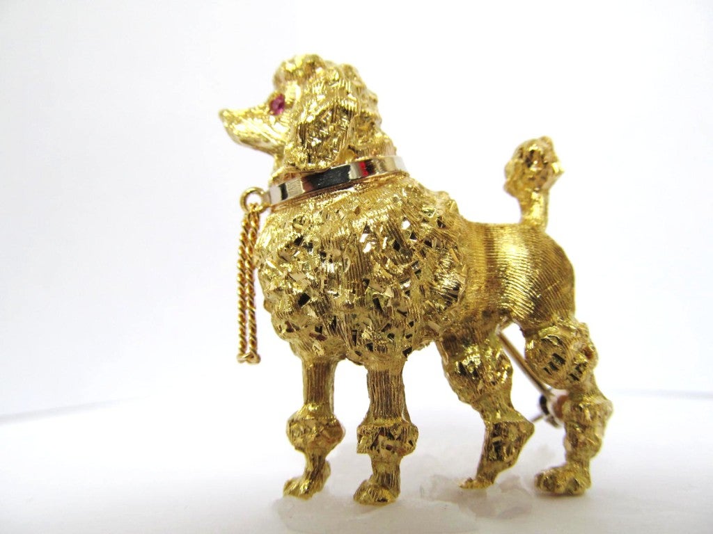 Elegant 18K yellow #gold# Poodle Brooch / pin with wonderful detail and texture,  ruby detail eye.