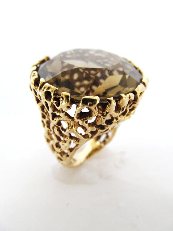 Large Bold Chunky Gold 1960's Smoky Topaz Ring In Good Condition In Coral Gables, FL