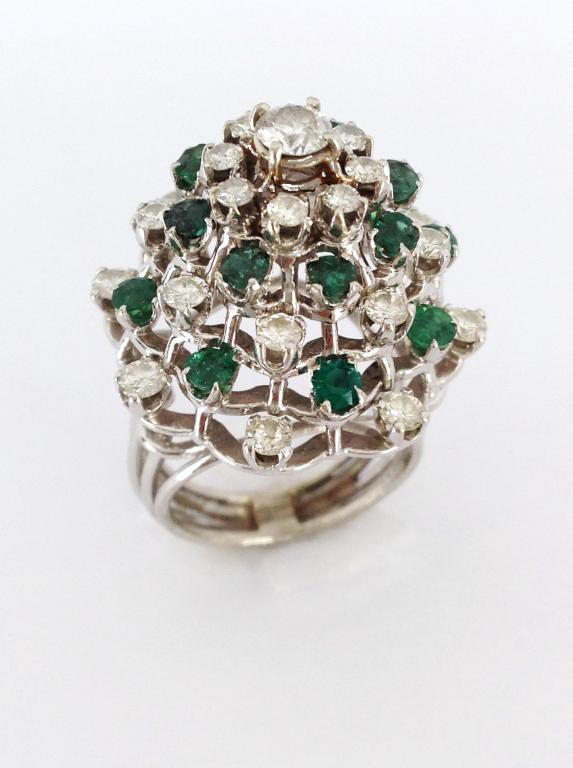 Large Whimsical Diamond & Emerald Cocktail Ring 60's