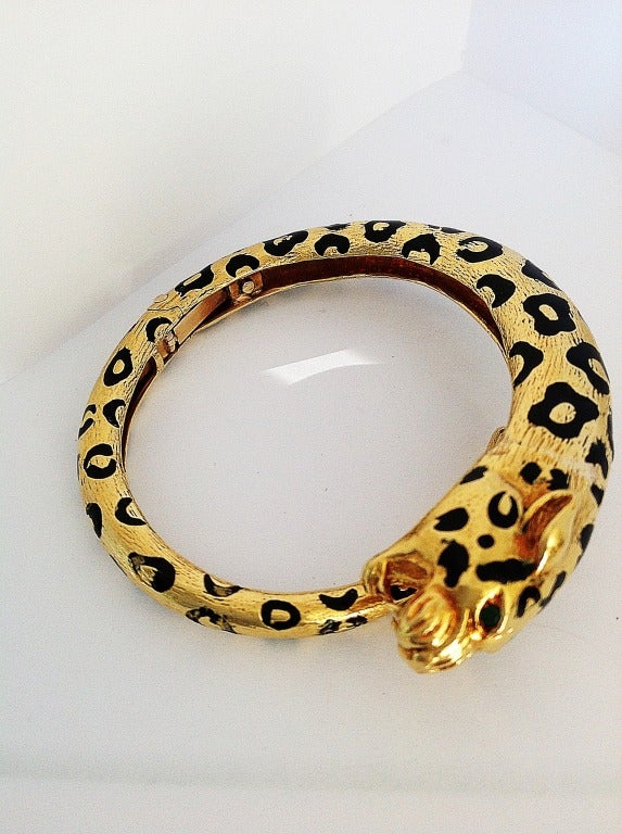 Classic Chic Gold & Enamel Leopard Bracelet In Good Condition In Coral Gables, FL