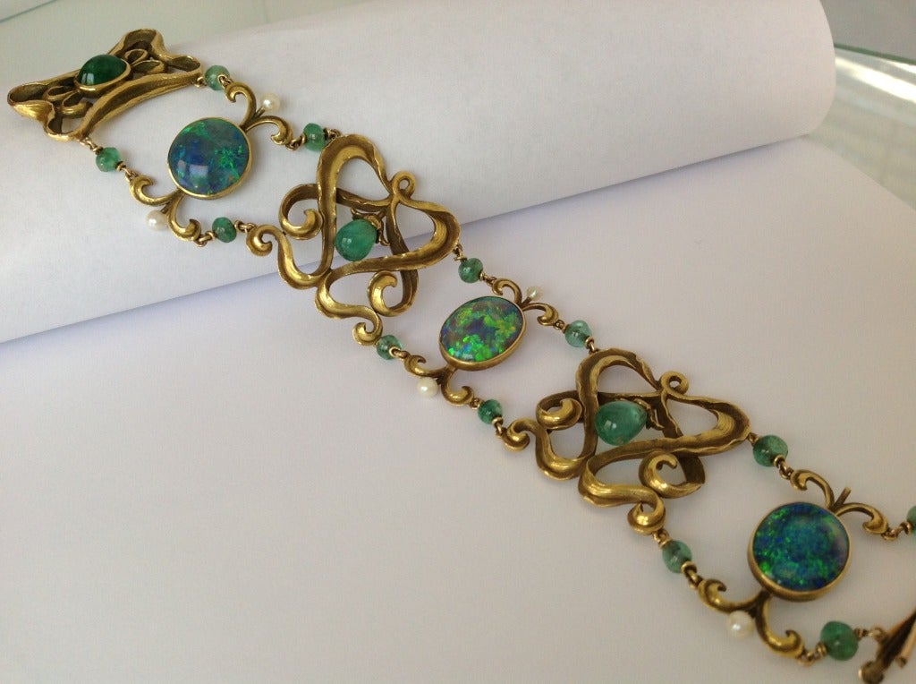 Women's Important Art Nouveau Black Opal, Emerald & Gold Bracelet