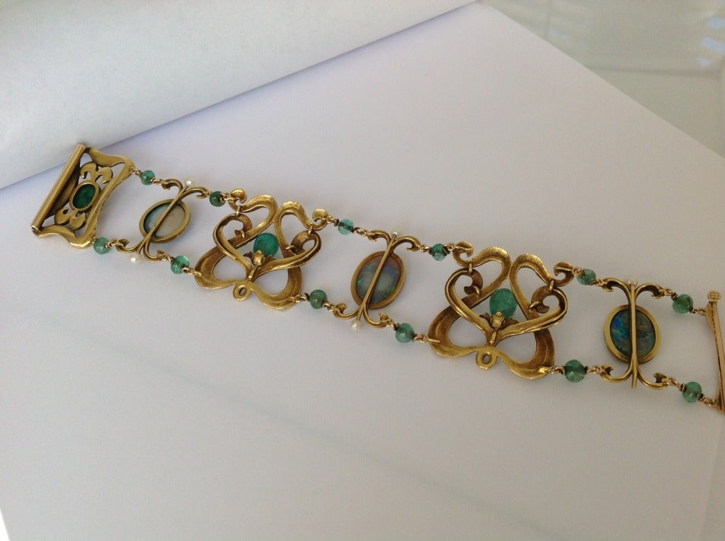 Important Art Nouveau Black Opal, Emerald & Gold Bracelet 1