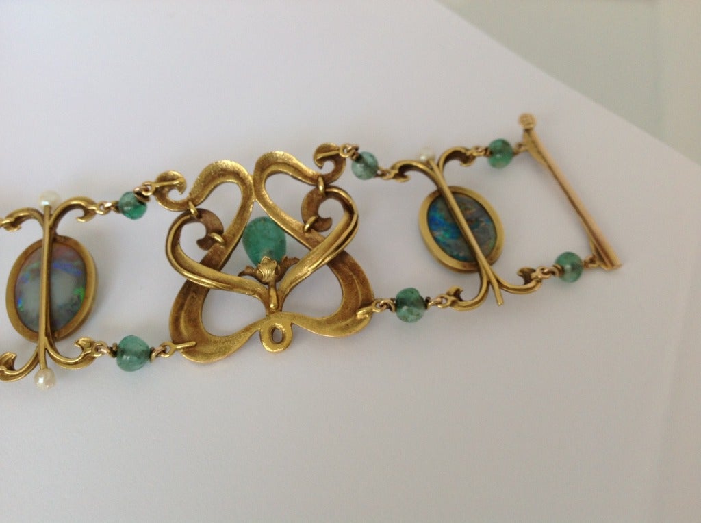 Important Art Nouveau Black Opal, Emerald & Gold Bracelet 2