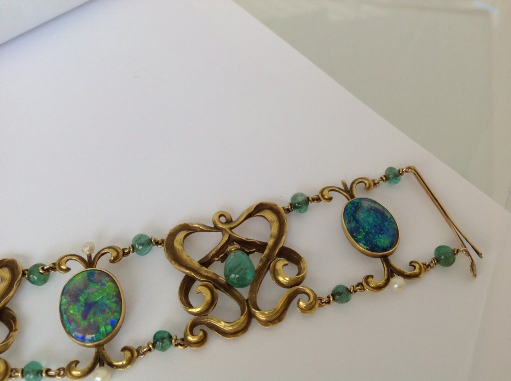 Important Art Nouveau Black Opal, Emerald & Gold Bracelet 3
