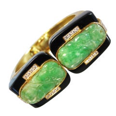 Spectacular Jade, Diamond & Gold Large Bracelet / Cuff
