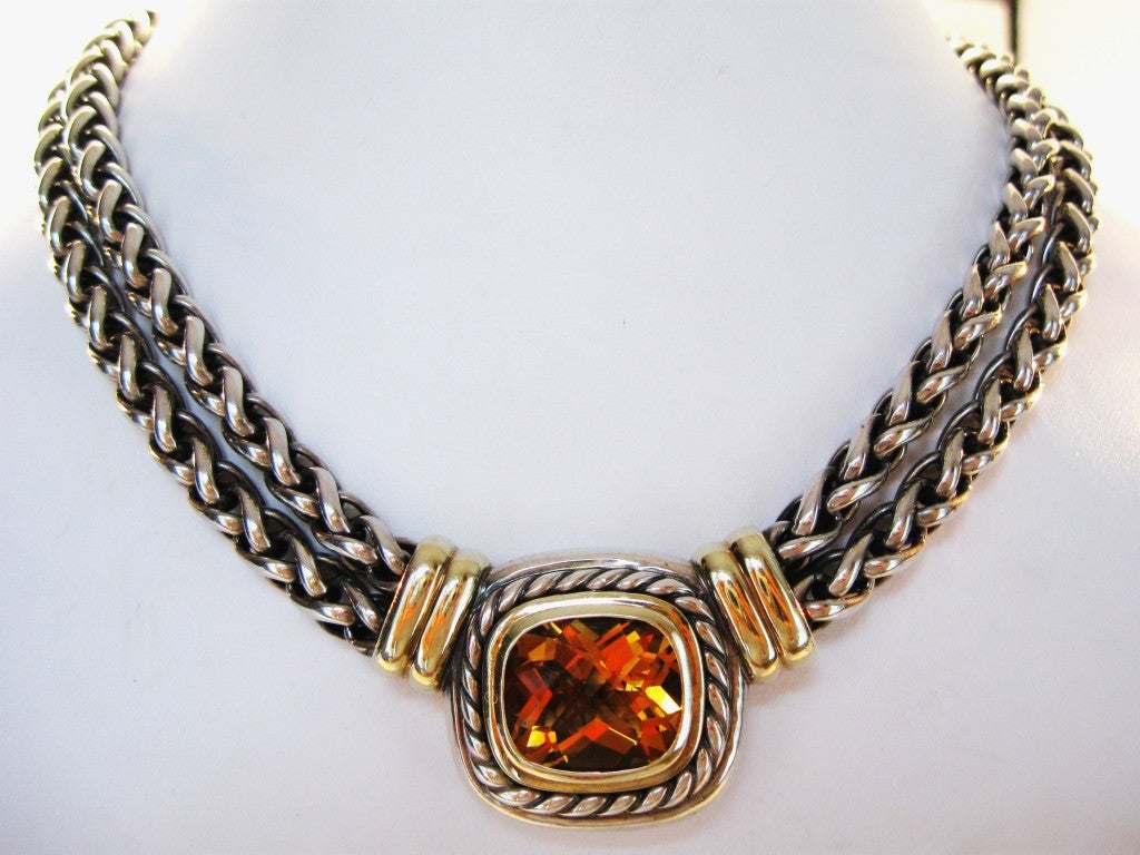 Superb bold double interlocking link Sterling and gold multi strand necklace, with a rich citrine enchancer at center signed David Yurman. A classic chic piece, feel wonderful on.