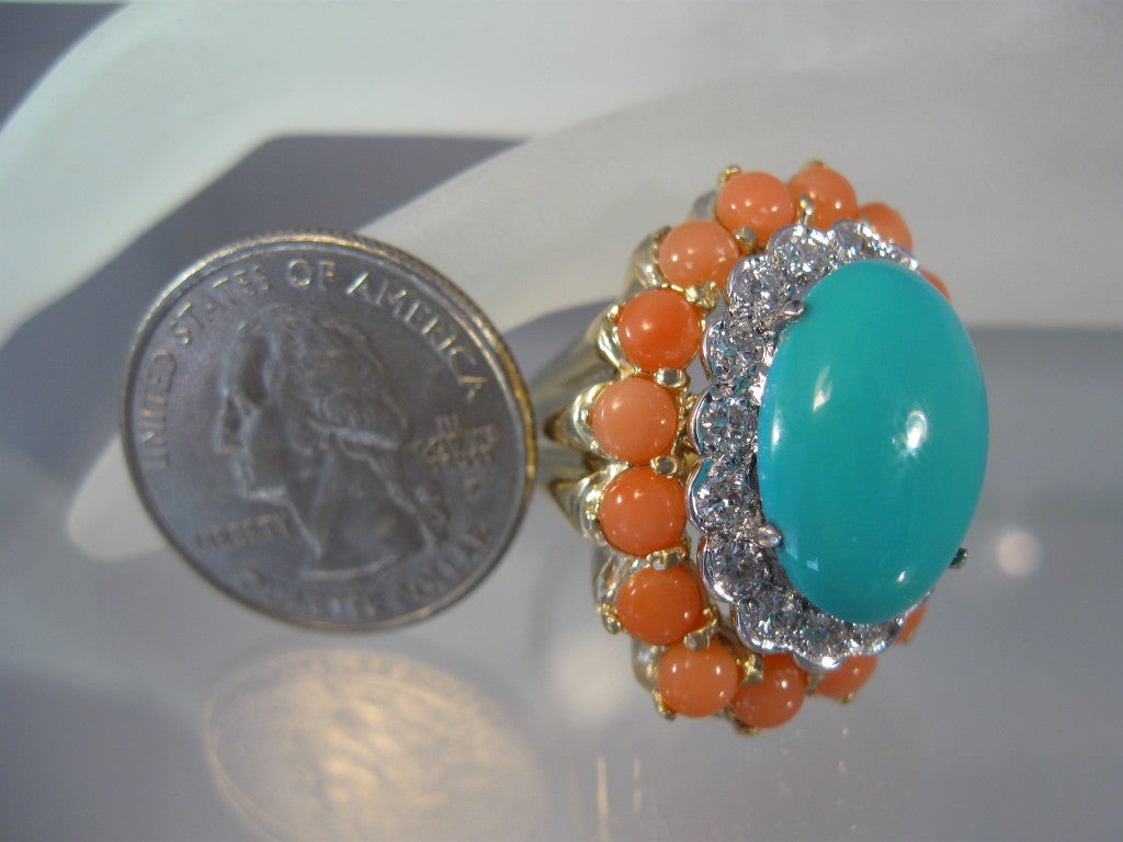 Women's Elegant Persian Turquoise, Coral & Diamond Cocktail Ring