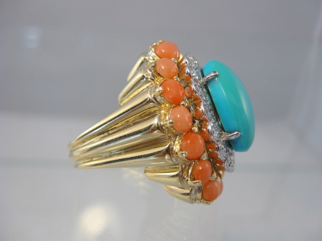 Elegant Persian Turquoise, Coral & Diamond Cocktail Ring 1