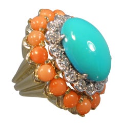 Elegant Persian Turquoise, Coral & Diamond Cocktail Ring