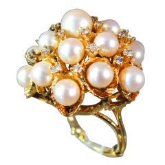 Elegant  Large Dome Pearl and Diamond Cocktail Ring
