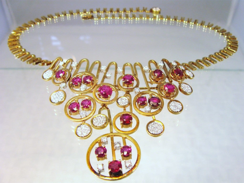 Spectacular 60's Cubist Ruby and Diamond Necklace / Brooch