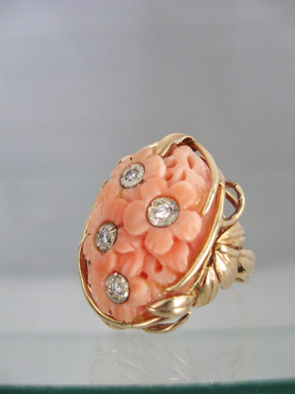Carved Angel Skin Coral and Diamond Ring