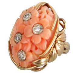 Vintage Carved Angel Skin Coral and Diamond Ring