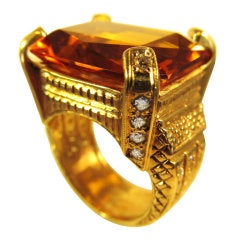 Vintage Elegant Large Citrine, Diamond and Gold Ring
