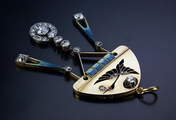 Art Nouveau Carl Faberge Neo-Russian Style Enameled Ruby Diamond Gold Pendant