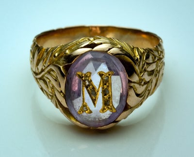 Art Nouveau Antique Russian  Monogrammed Amethyst Gold Mens Ring c. 1908