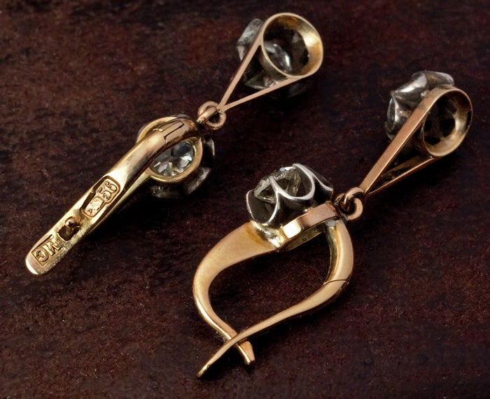 Edwardian Russian Diamond Gold Pendant Earrings
