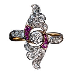 Art Deco Russian Ruby Diamond Gold Platinum Wing Ring 7
