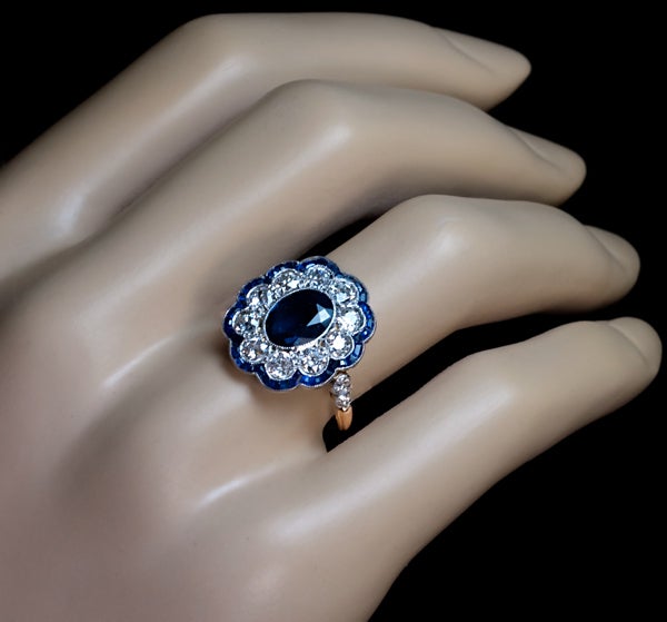Edwardian Antique Sapphire Diamond Cluster Ring