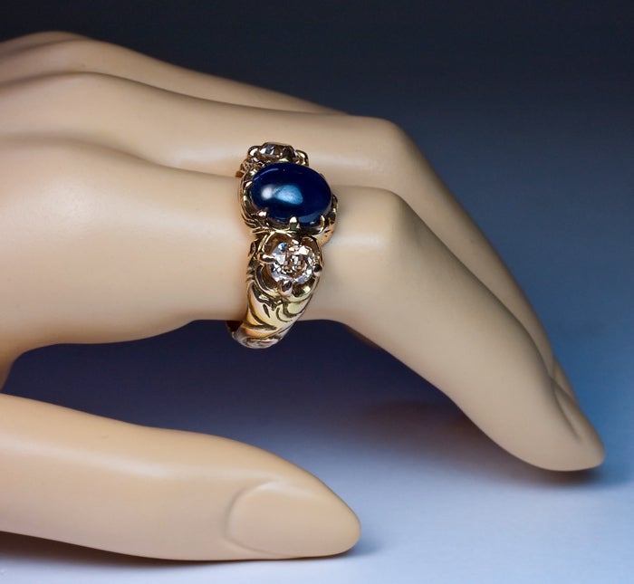 Renaissance Revival Sapphire and Diamond Antique Russian Men's Ring