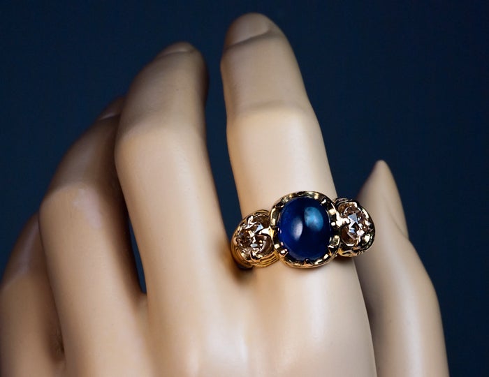 Old Mine Cut Sapphire and Diamond Antique Russian Men's Ring