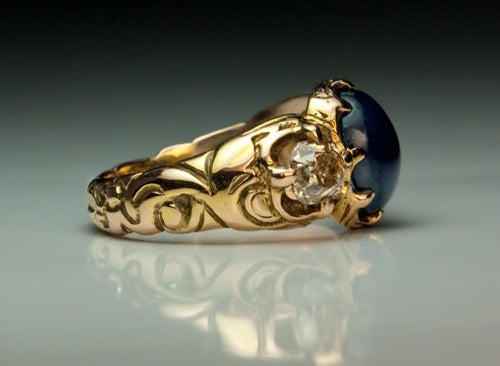 Sapphire and Diamond Antique Russian Men's Ring In Excellent Condition In Chicago, IL