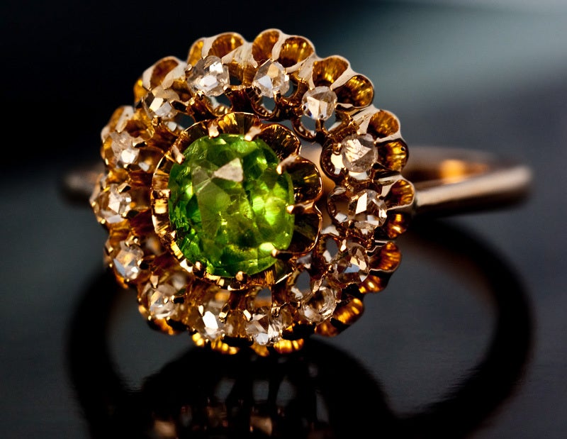 Antique Russian Rose-Cut Diamond Demantoid Cluster Ring