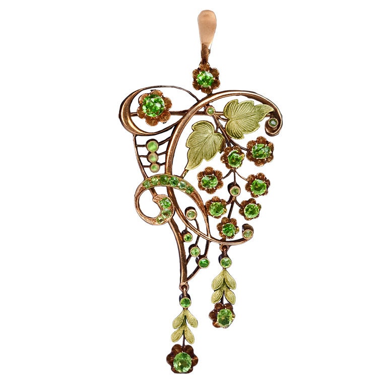 Art Nouveau Russian Demantoid Two-Color Gold Pendant / Brooch