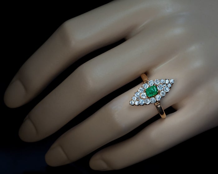 Victorian Antique Emerald Diamond Marquise Shaped Ring