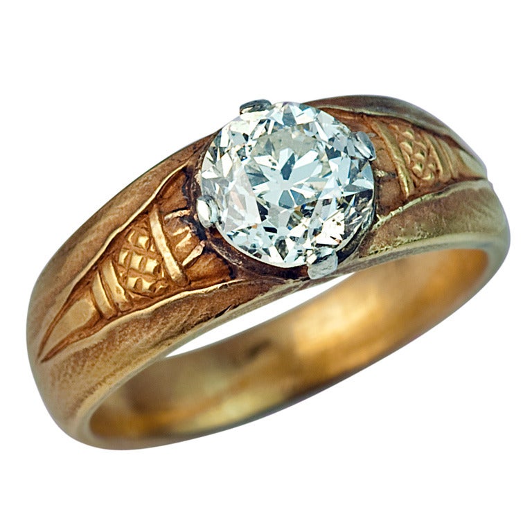 Antique Russian Solitaire Diamond Gold Men''s Ring at 1stDibs